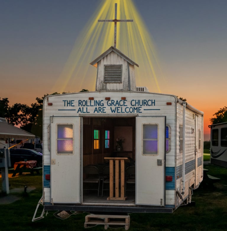 The Rolling Grace Church, a mobile chapel in a converted trailer with a glowing cross at sunset.