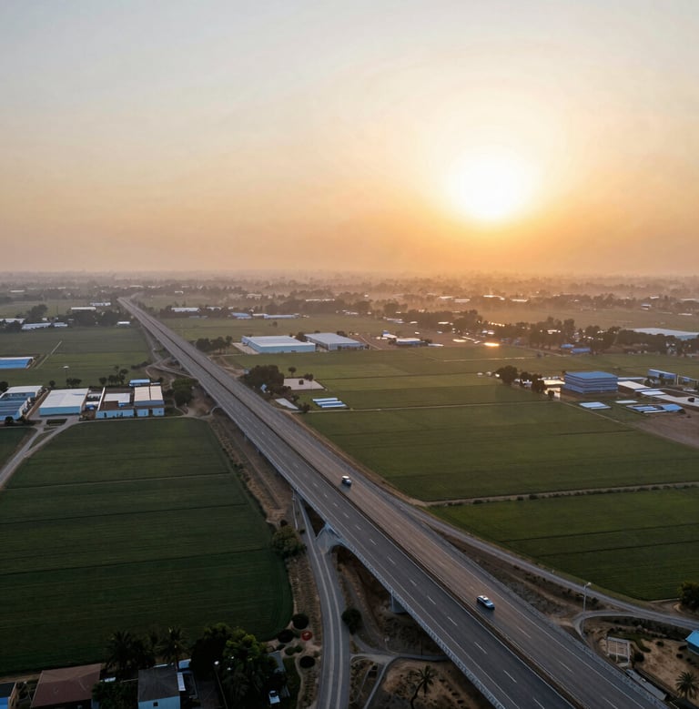 Wide panoramic aerial view of the Yamuna Expressway at sunset, showing clean multi-lane highway cutting through vast agricultural plots planned for industrial development, warm golden sunlight.