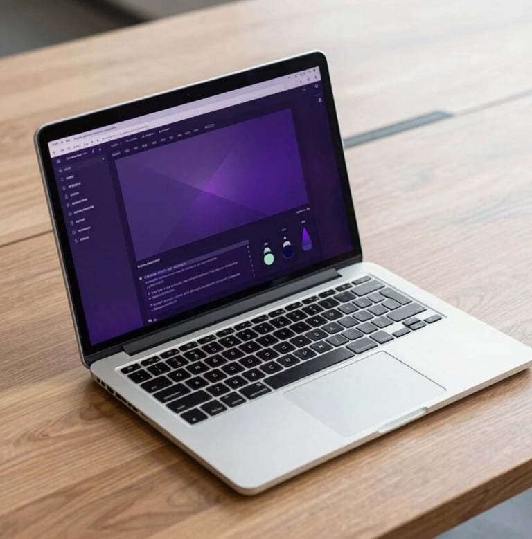 A sharp, high-angle photograph of a modern workspace in a North American corporate setting. A high-end silver laptop displays a sophisticated software interface with deep purple accents. The environment is clean and bright, with polished wood surfaces and a minimalist aesthetic.