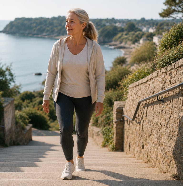 Femme 40+ en promenade sur les escaliers côtiers