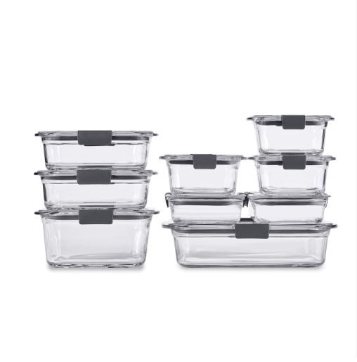 Rubbermaid Brilliance 18-piece glass food storage set with airtight leak-proof BPA-free lids