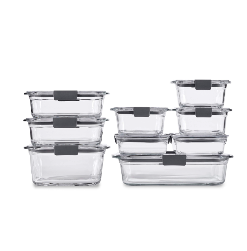 Rubbermaid Brilliance 18-piece glass food storage set with airtight leak-proof lids.
