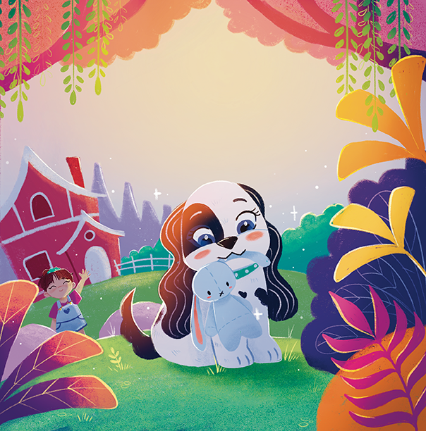 Children’s book illustrator style - colorful whimsical dog and girl in a barn 
