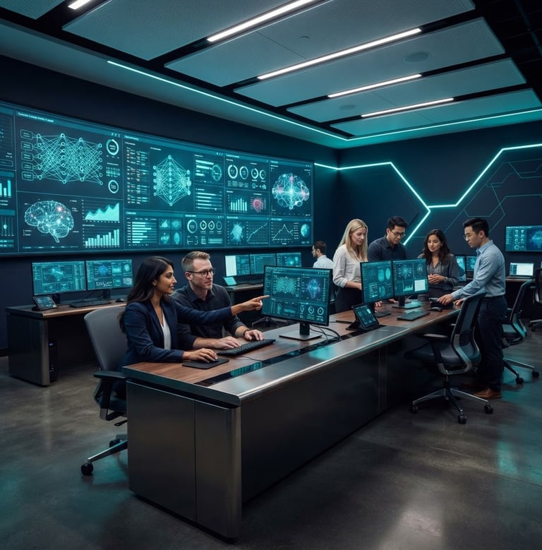 Wide panoramic shot of a modern, high-tech clinical trial control room, large data displays showing complex graphs and neural networks, professional researchers collaborating intently, crisp studio lighting with vibrant teal neon accents, high-contrast, sharp focus.