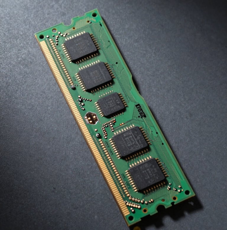 Overhead studio shot of a DDR4 memory module on a matte charcoal surface, hard side-lighting from the right casting precise shadows along the chip outline, gold bond wires visible under magnification, cool clinical illumination, no background clutter