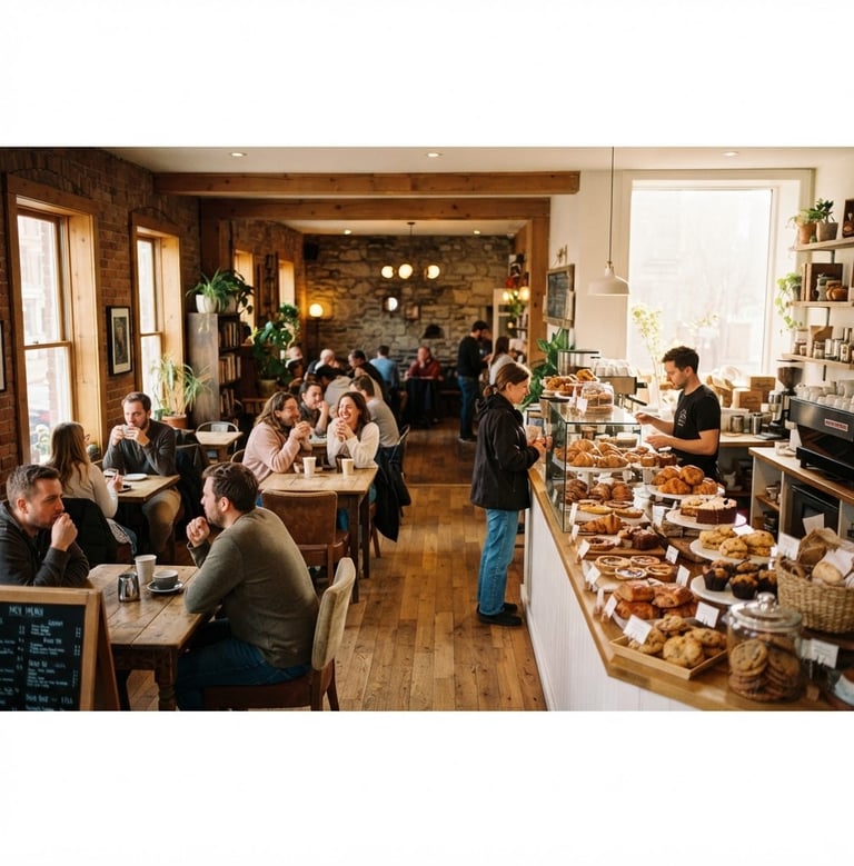 Warm and inviting cafe interior with comfortable seating, soft afternoon light filtering through windows, and a display of freshly baked pastries on the right side, wide panoramic.