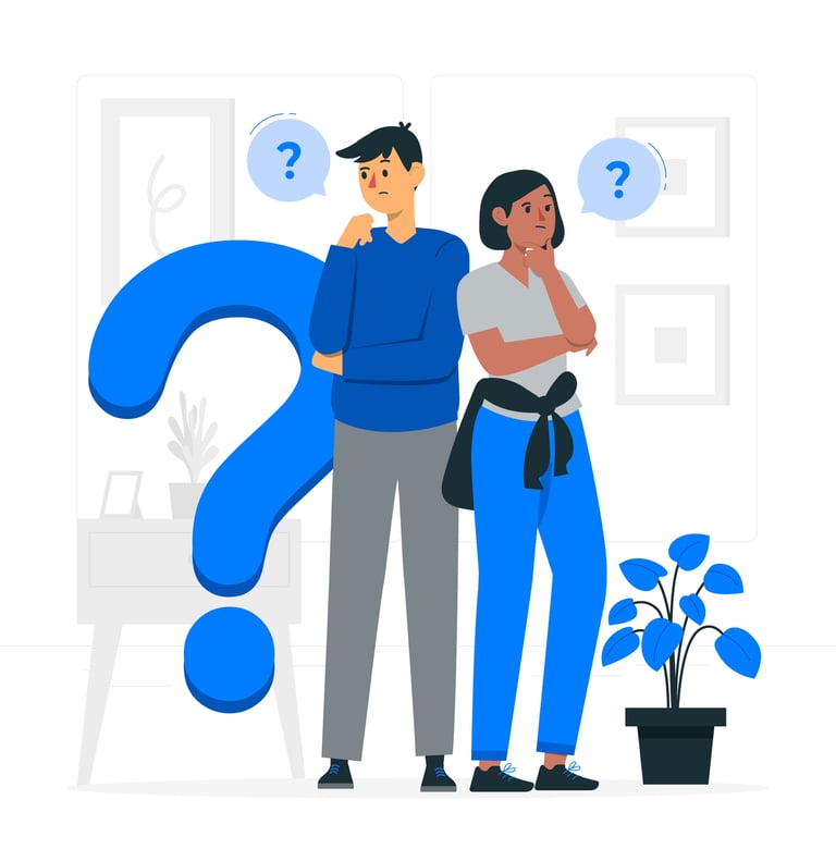 a man and woman standing in front of a question mark