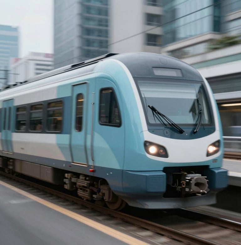 A dynamic action shot from the video project showing a modern train moving through a city. The motion is captured with a slight blur, emphasizing speed, with colors of slate ocean blue and soft arctic mist.