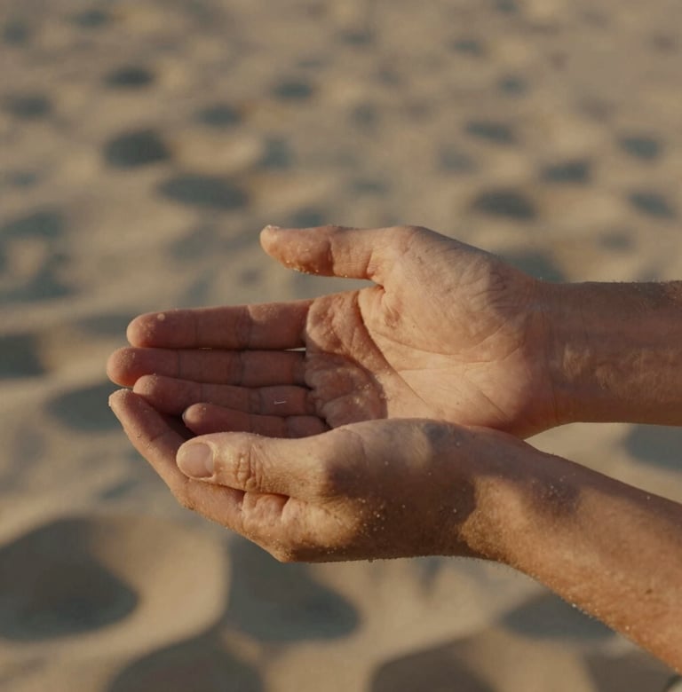 A cinematic close-up of two hands gently holding, captured in the warm golden hour light. The background features soft sand textures and muted tan tones typical of a Southern European coastal setting.