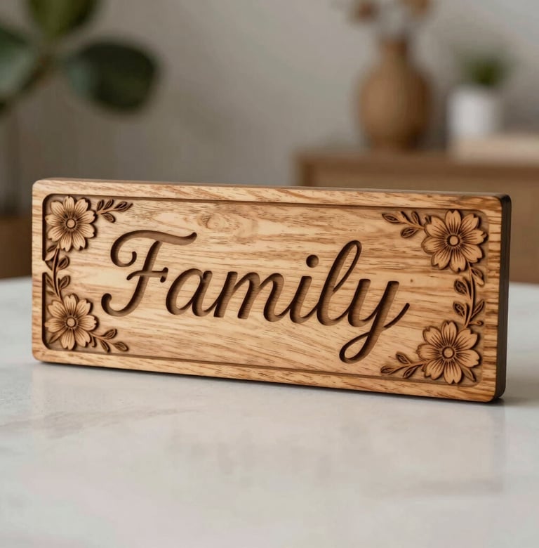 Detailed shot of a laser-engraved wooden sign featuring intricate feminine floral patterns and a personalized family name, rustic but polished aesthetic.