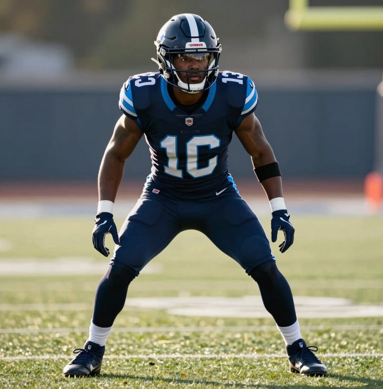 Full-body portrait of a running back in a focused three-point stance on a professional football field, dawn lighting, uniform featuring #1C2B3A navy and #3A5A7A accents, high resolution.