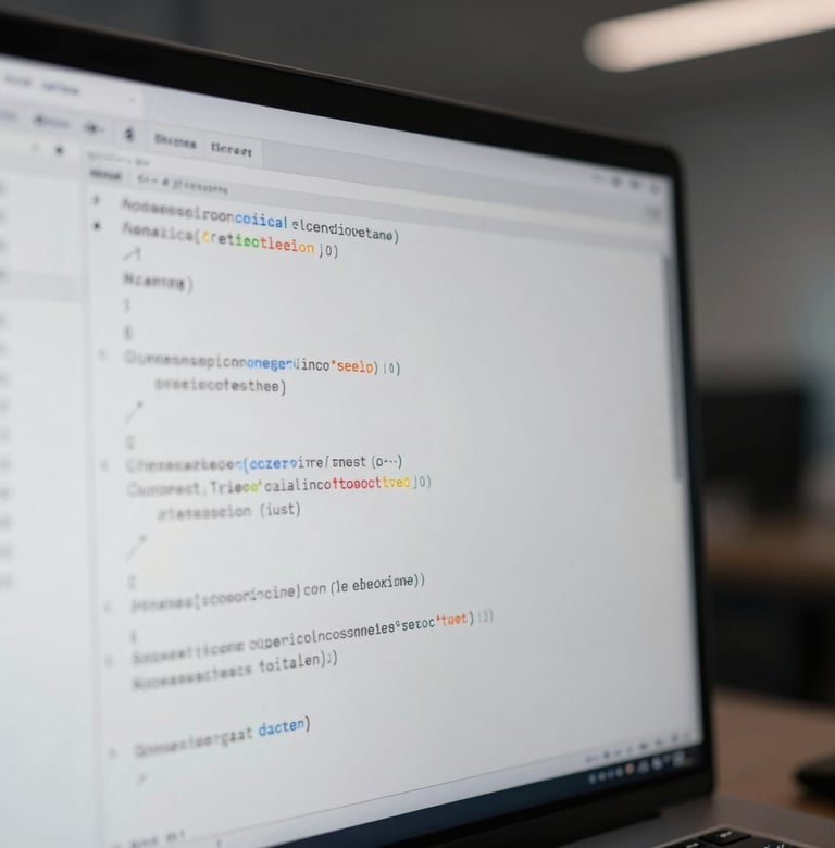 A close-up photograph of a screen displaying clean, sophisticated code with a shallow depth of field. The environment is a professional, dimly lit office with cool charcoal and slate gray tones, emphasizing a focused tech development vibe.