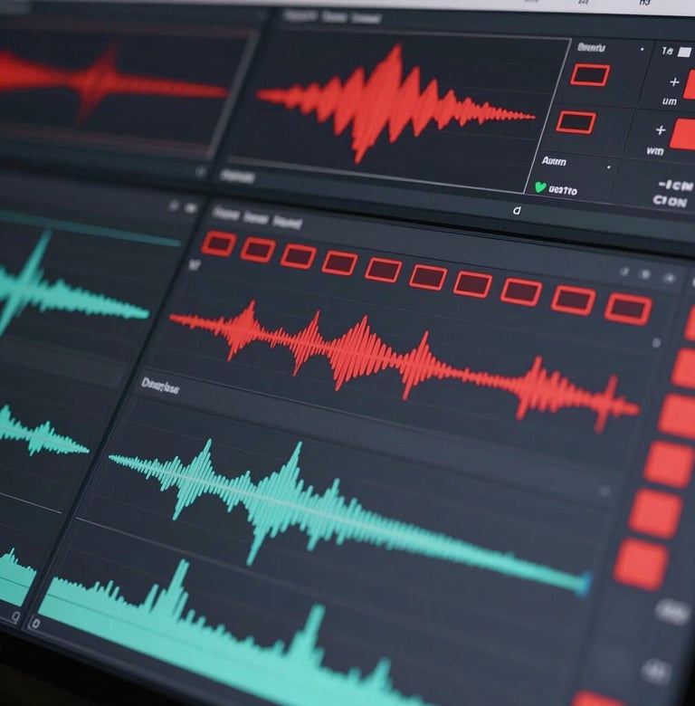 An abstract, graphic shot of digital editing waveforms and color grading panels. The colors are strictly dark charcoal grey and deep black, punctuated by vibrant crimson red status icons.