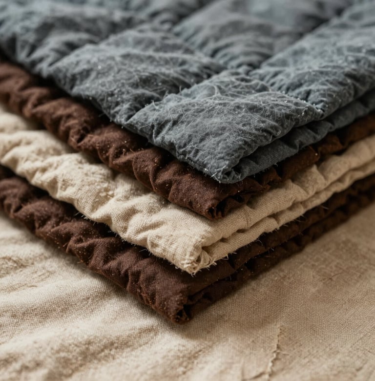 Close-up detail of quilt fabric textures. Layers of warm slate, dark espresso, and soft sand linen are stacked. The composition focuses on the raw edges and the handcrafted quality of the textile.