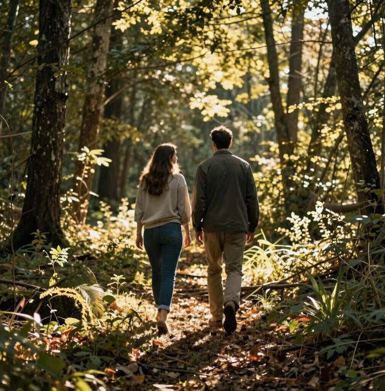 A medium shot of a couple walking away from the camera into a sun-drenched North American forest clearing. The lighting is cinematic with golden rays filtering through the trees. The style is artful and natural, showcasing beautiful imperfections of a real-world moment.