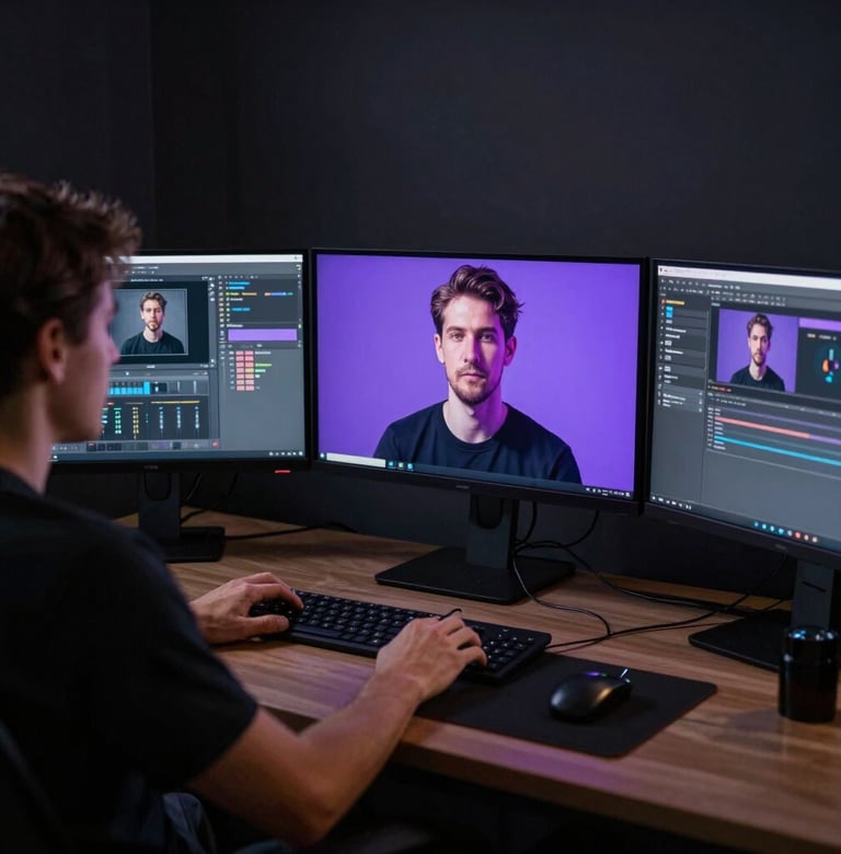 A digital creator working on a multi-monitor setup in a dark room. The screens cast a light purple glow on their face. The setting is a professional studio in a major North American city.