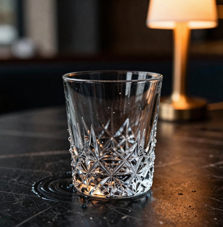 Close-up macro photography of a crystal glass on a dark marble table, sharp focus on the water ripples, cinematic lighting with orange accents from a nearby lamp in a Sydney restaurant.
