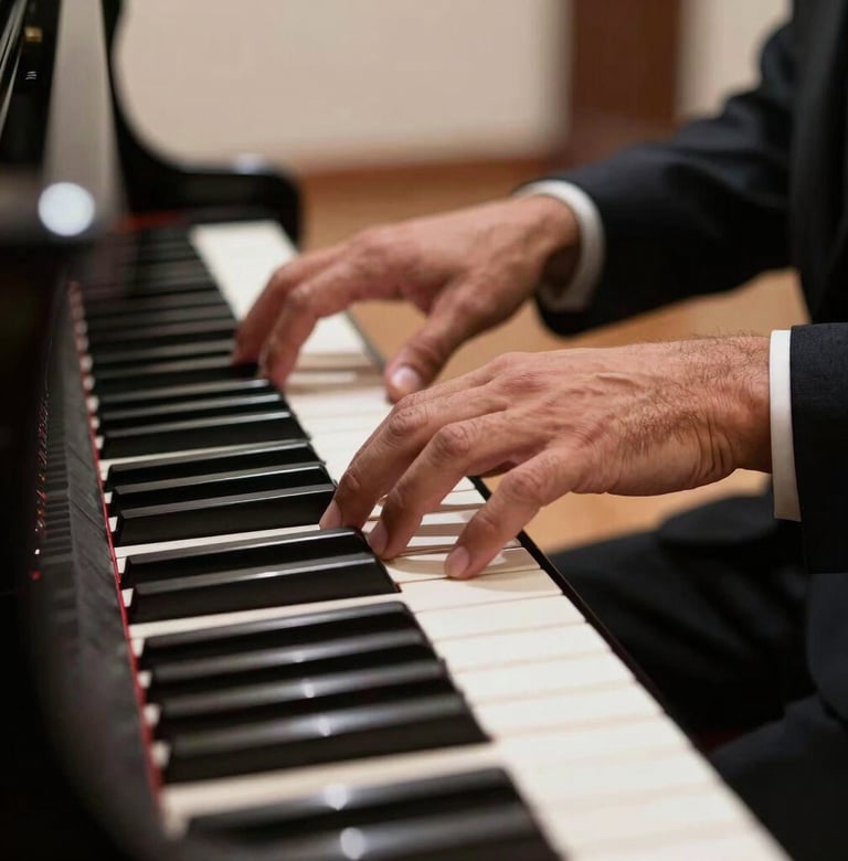 Close-up photography of a pianist's hands playing a grand piano in a Latin American / Spanish cultural center, soft lighting casting steel grey shadows, elegant and artistic composition.