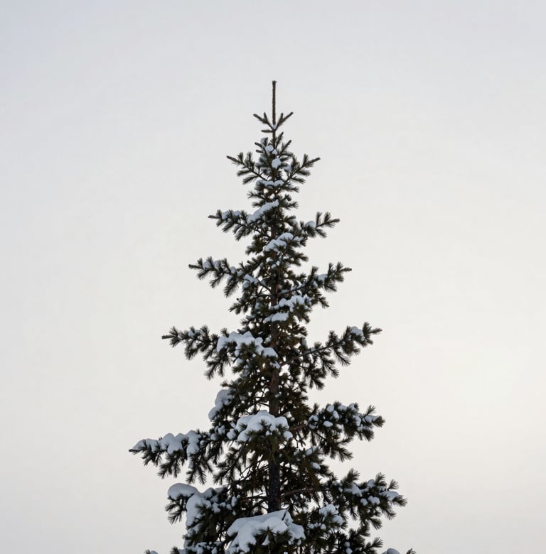 Minimalist photography of a single snow-covered pine tree against a vast, clear off-white sky in the Canadian wilderness. Clean lines and subtle sophistication inspired by Japandi design.