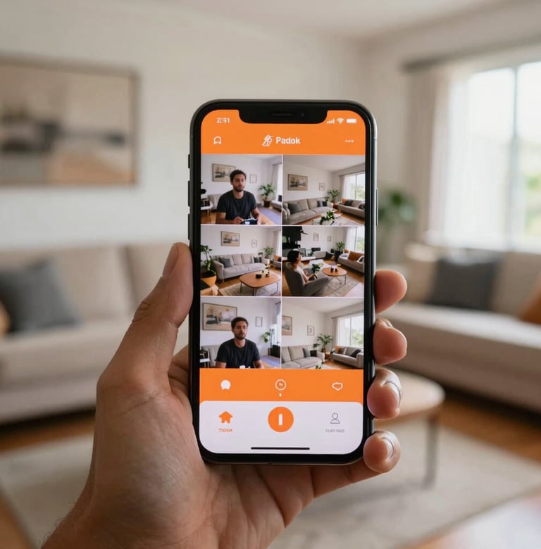 A close-up of a hand holding a modern smartphone in a bright South American / Brazilian living room. The screen shows a clear, multi-camera monitoring app with orange interface accents.