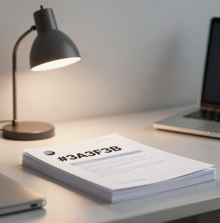 A minimalist workspace with a single lamp casting a warm glow on a stack of creative briefs. Professional, strategic, and calm mood. Use of brand colors #3A3F3B and #F8F6F2.