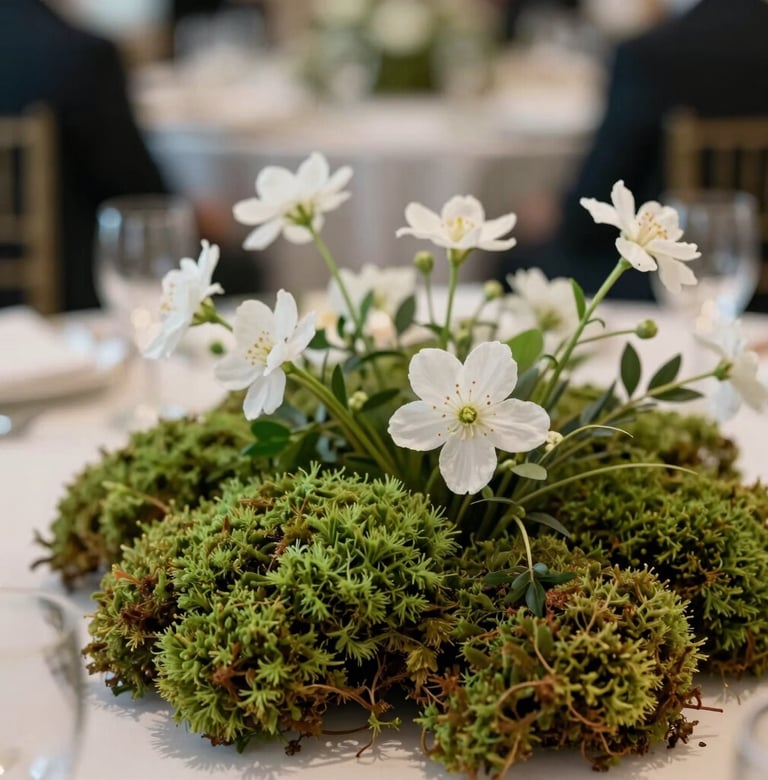 An artistic nature-inspired detail at a high-end event in a North American / US location. A centerpiece featuring Sage Green moss and delicate white flowers, shot with a shallow depth of field to emphasize texture and the organic beauty of the natural world.