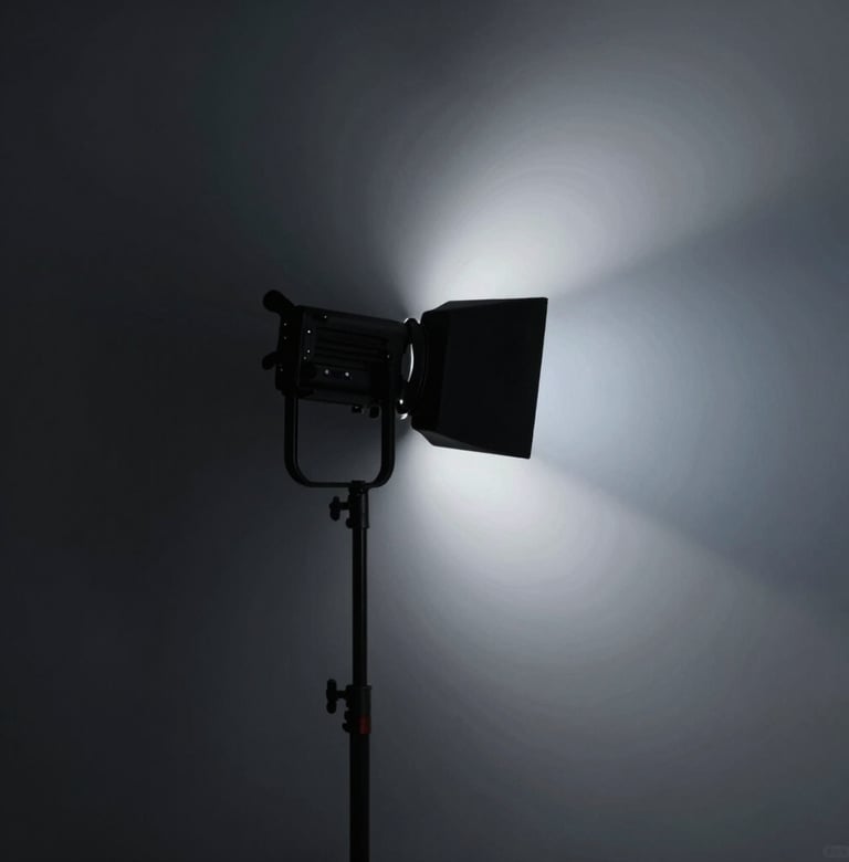 A minimalist, artistic shot of cinematic lighting equipment casting soft light on a wall, high contrast #0A0A0A and #ECF0F1, sophisticated feel.