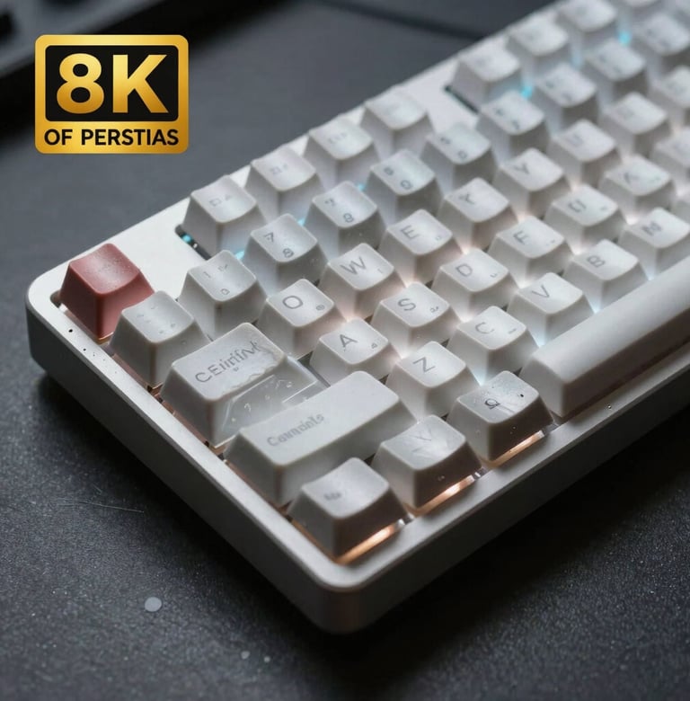 A macro photograph of a high-quality mechanical keyboard on a dark charcoal desk, with soft ice white backlighting highlighting the keycaps, representing the technical nature of the work.
