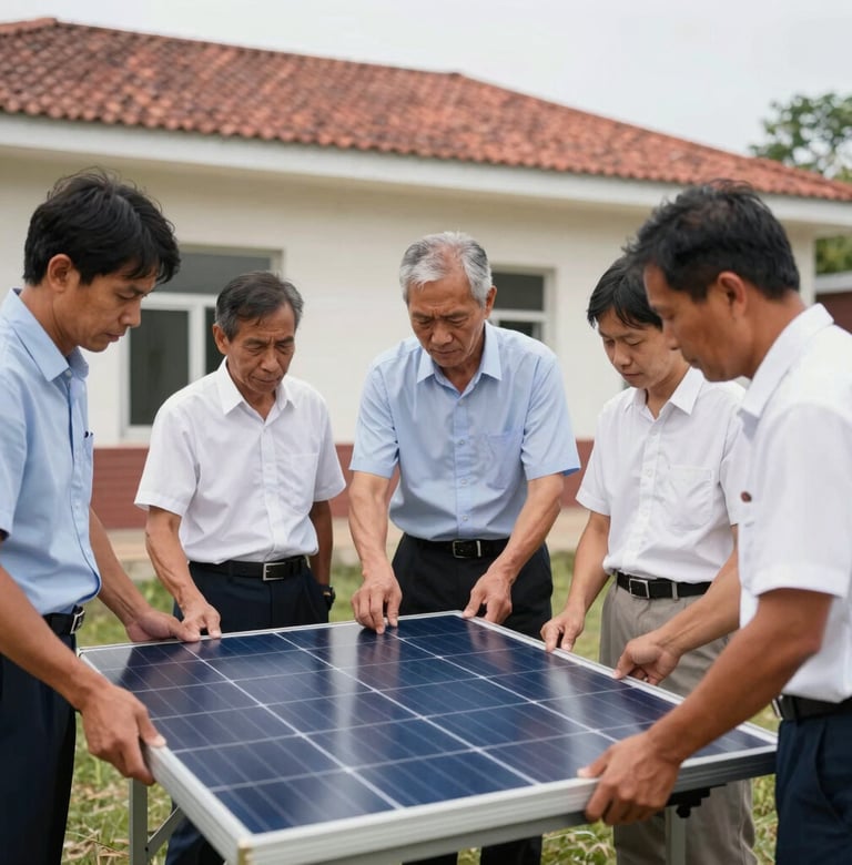 Portrait shot of community members installing a small solar panel on a village building, natural daylight, crisp details, rich authentic colors, professional corporate realism, 35mm lens, shallow depth of field