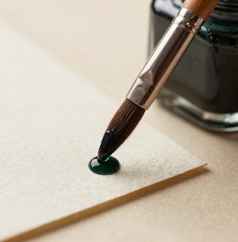 Macro photograph of a delicate paintbrush touching a piece of heavy-grain cotton paper. A small droplet of dark forest green ink is about to spread. The background is a blurred warm cream.