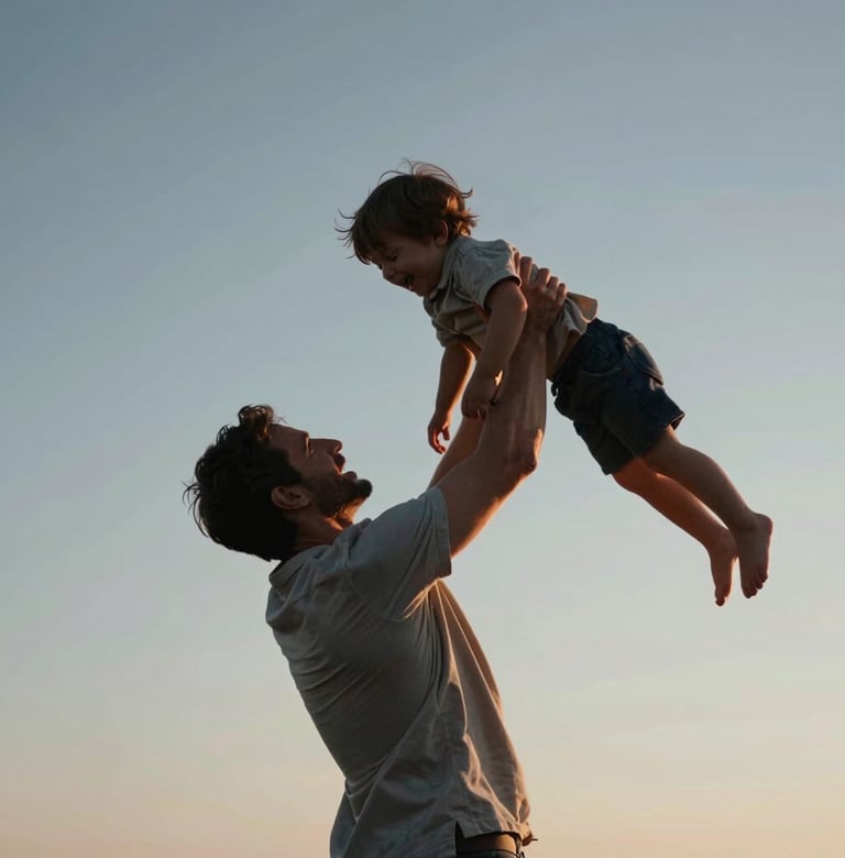 A father lifting a laughing child into the air against a clear evening sky. The low sun creates a soft terracotta rim light on their figures. The style is cinematic, reflecting warmth and refined elegance.
