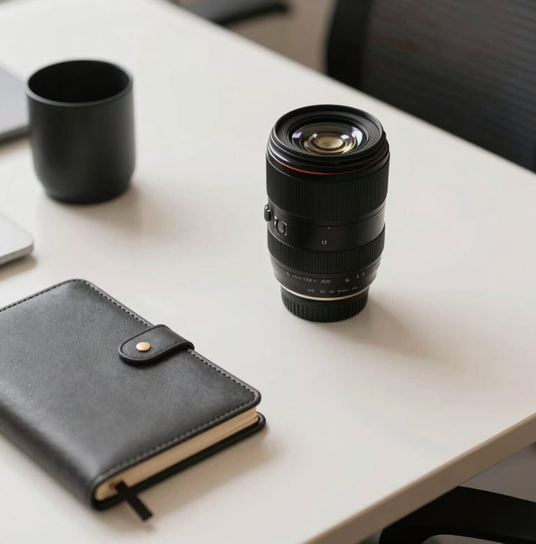 A close-up photograph of a minimalist desk in a South American / Brazilian corporate environment, with a high-end camera lens and a leather notebook, soft shadows, off-white and charcoal grey colors.