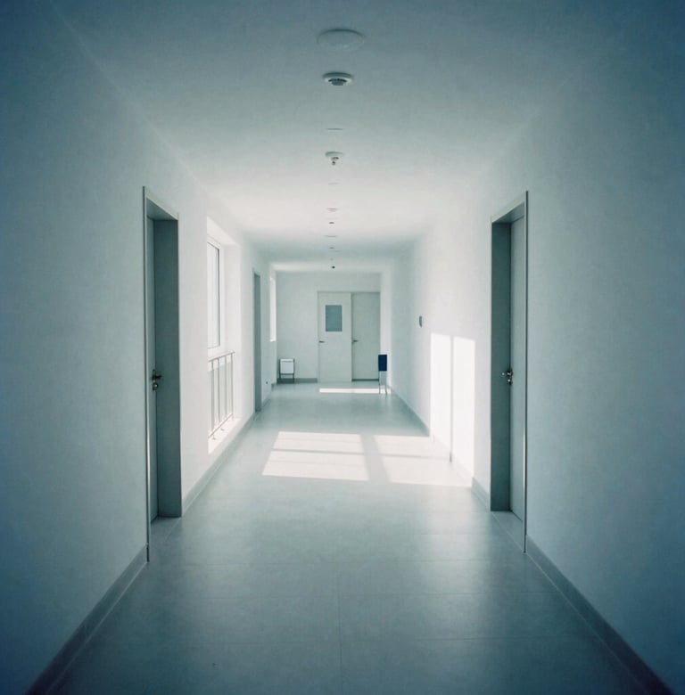 Wide architectural shot of a modern, sterile clinic interior, soft shadows, cool daylight, desaturated blue and slate tones, clean lines, empty hallways, 35mm