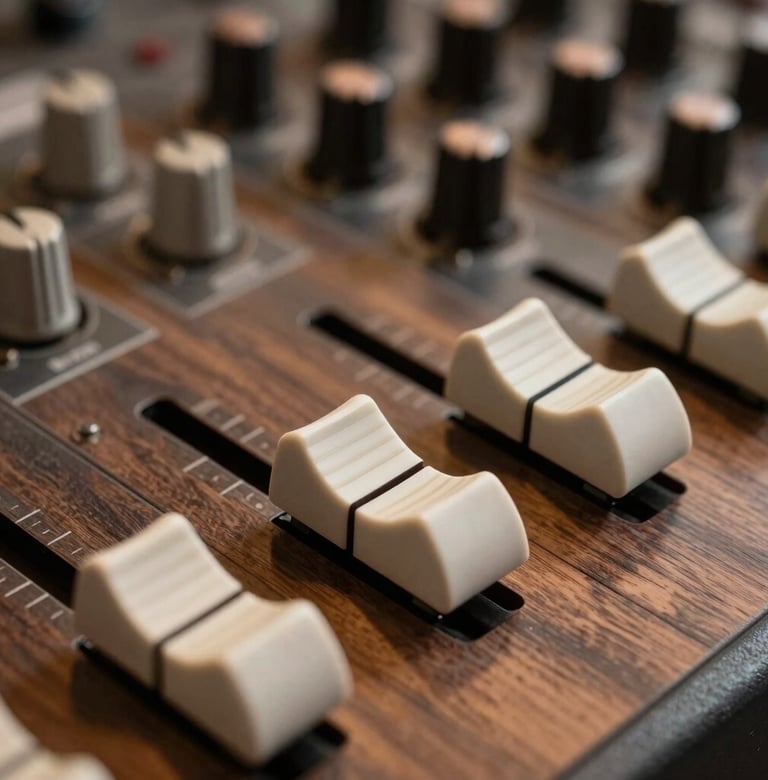 A macro photograph of vintage mixing board faders, with warm walnut brown tones and soft off-white light catching the metallic edges, symbolizing the technical artistry of the project.