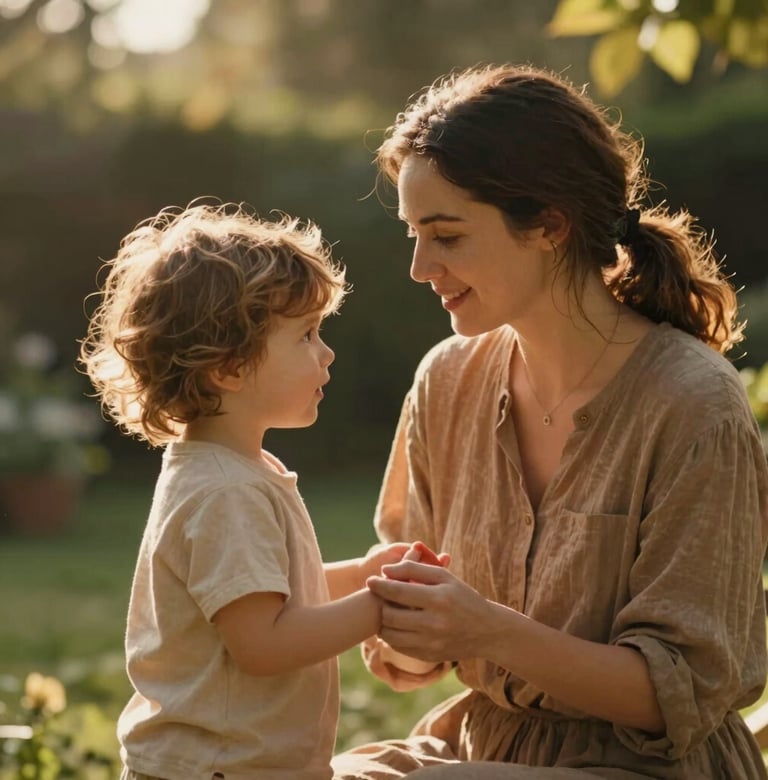 Cinematic photography of a mother and child playing in a warm, sun-drenched garden. Soft, natural light illuminating their expressions. Candid, warm golden brown aesthetic.