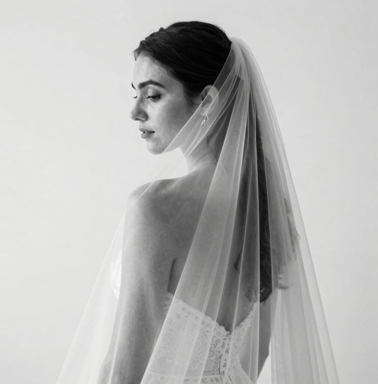 A minimalist black and white photograph of an elopement veil caught in a gentle breeze against a stark white wall. Sophisticated and high-end composition in a North American setting, emphasizing clean lines and texture.