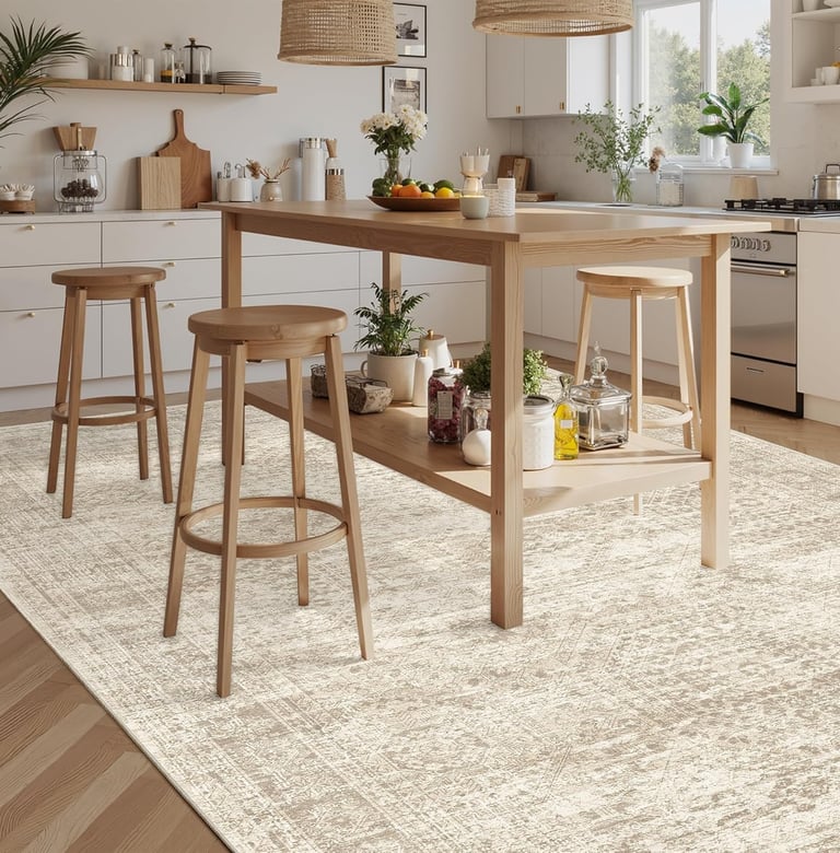 A neutral beige traditional area rug under a wooden kitchen island with stools in a bright, modern kitchen.