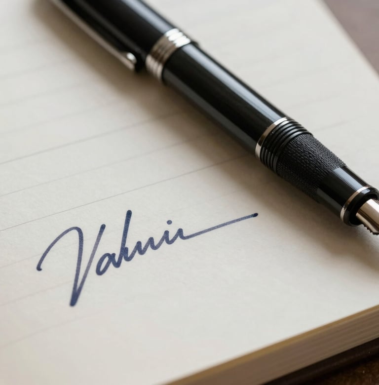 Close-up of a signed corporate ledger and a textured black fountain pen on heavy cotton paper, soft side lighting.