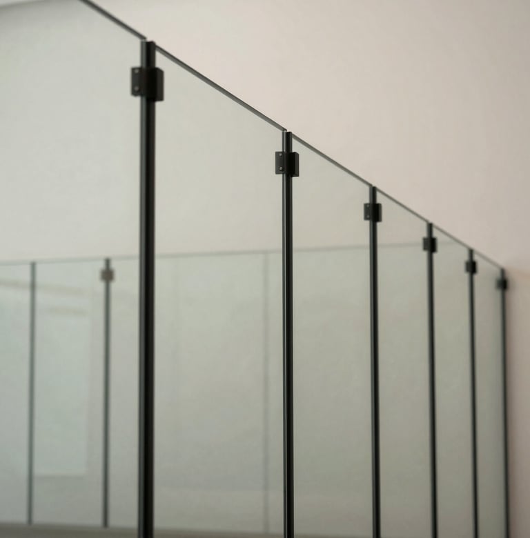 Architectural perspective view of a series of glass panels held by minimalist black steel mullions. The composition emphasizes technical precision and linear geometry, with soft off-white walls in the background.