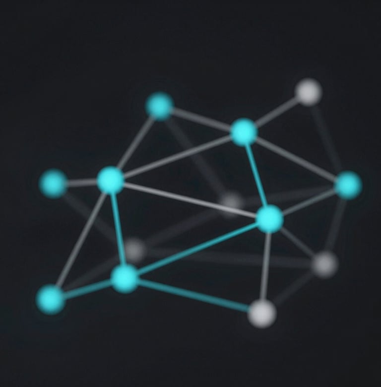 An abstract visualization of data nodes connecting in 3D space, emphasizing creative precision. Sleek lines in #8FE3F5 and #d4d4d4 on #0d1026.
