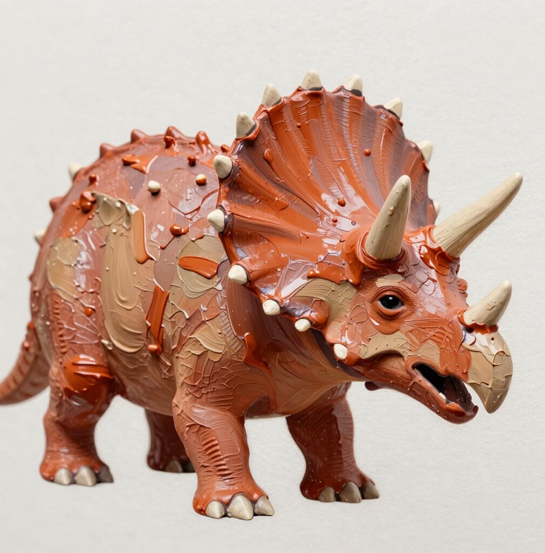 Macro close-up of acrylic paint textures on a canvas. The image shows thick, expressive brushstrokes in #D87D51 terracotta and #C6B29B beige, forming the scales of a pop-art Triceratops.