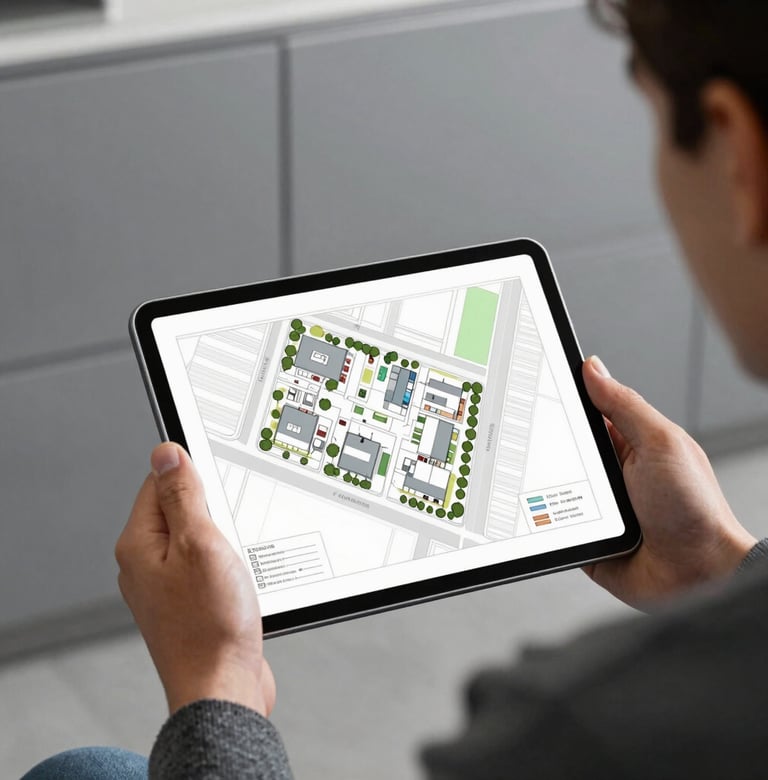 A close-up shot of a digital tablet showing a detailed site plan, held by a young professional in a modern North American / US studio. The background is a clean Steel Grey wall.