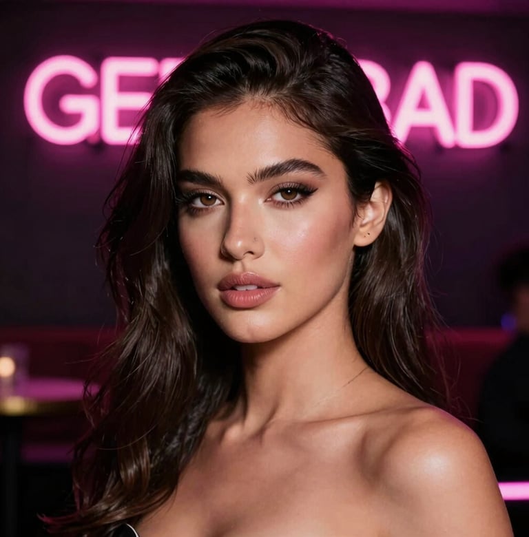 Seductive close-up of a stunning model with radiant skin, posing in a high-end club setting with glowing neon pink signs in the background, sophisticated adult portrait, dark atmosphere, premium photography, Latin American / Global.