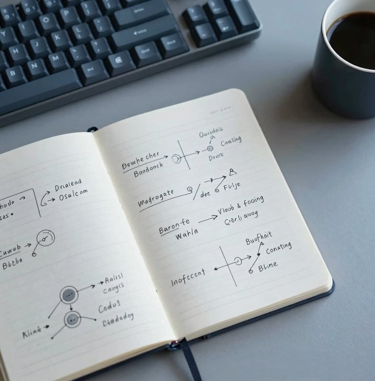 Overhead flat-lay of a notebook with data flow diagrams, a mechanical keyboard, and a coffee cup on a clean slate gray desk, cool studio lighting, macro depth of field, bleeding to the left edge.