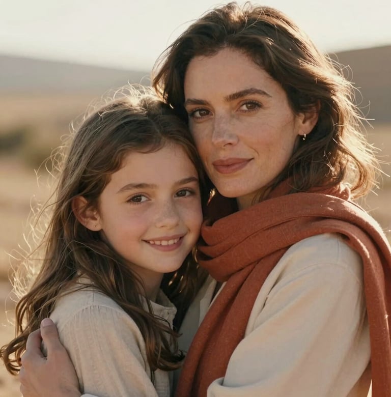 A close-up, cinematic shot of a mother and daughter embracing. The sunlight creates a soft halo effect around them. Western / Global fashion style with terracotta accents in the mother's scarf. Warm, authentic emotion.