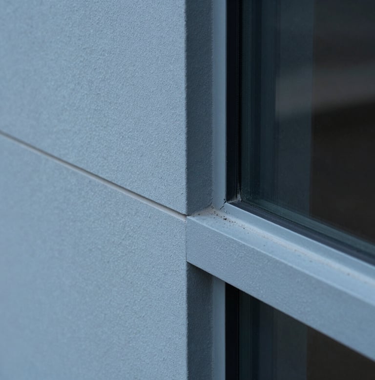 Macro detail shot of smooth Slate Blue concrete and glass joinery. Precise architectural finish, minimalist and conceptual, soft side light, European Portuguese design quality.