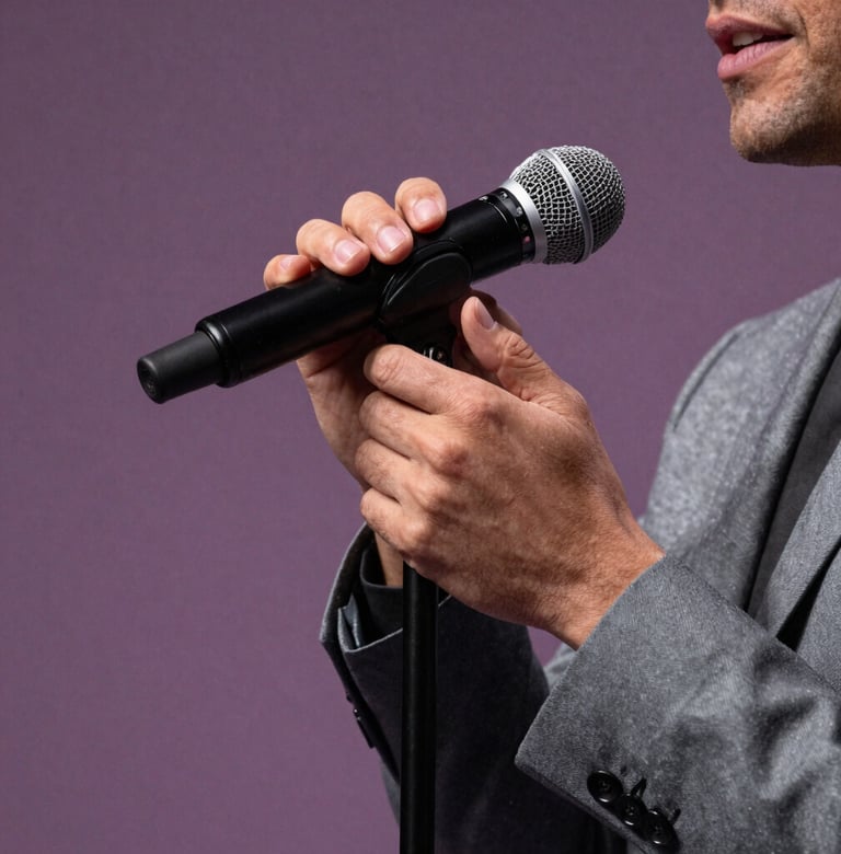A close-up artistic shot of Stefan Taylor's hands on a microphone stand. The lighting is soft lavender grey against a muted plum background, highlighting the sophisticated and professional polish of his performance attire.