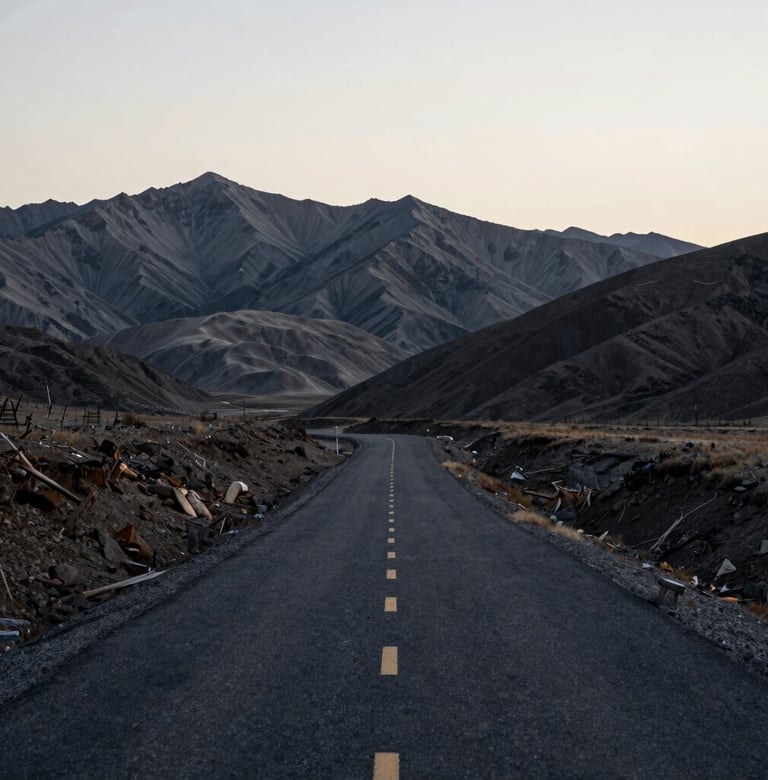 A breathtaking landscape of a winding asphalt road cutting through a vast, desolate Global / Western mountain range. The sky is a soft off-white, contrasting with the deep slate grey of the peaks and the rich charcoal black of the road surface.