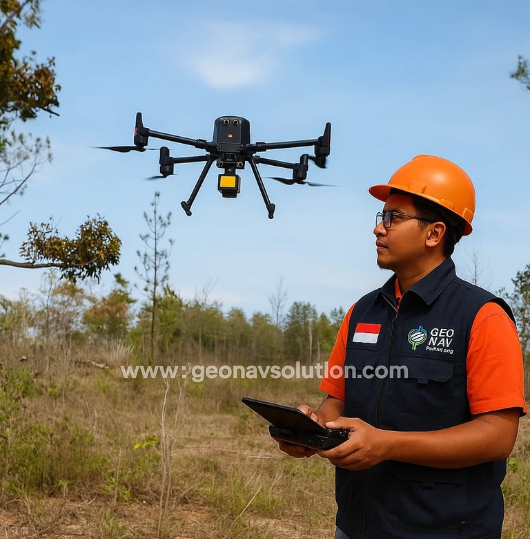Surveyor Indonesia dari GeoNav Solution mengenakan rompi kerja sedang mengoperasikan drone CHCNAV X5