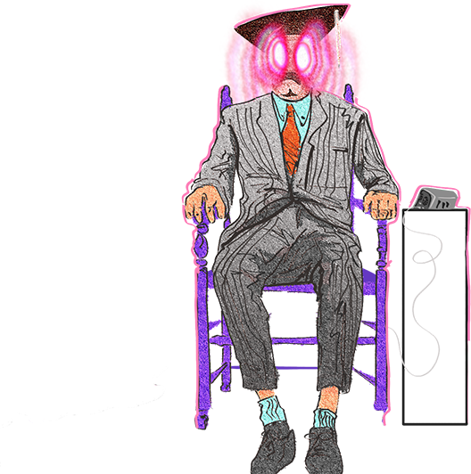 The LIMC Guy wearing a grey suit, a graduation hat and sits on a chair with pink glowing eyes